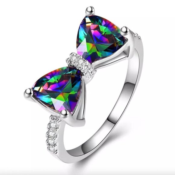 NEW 925 Sterling Silver Mystic Topaz Diamond Ring Bow Ring - Picture 5 of 5